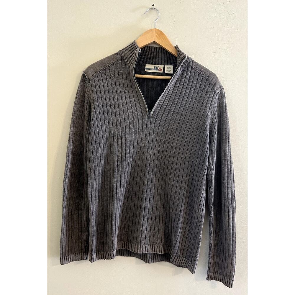 Vintage y2k Gray Ribbed Quarter-zip Sweater Shoulder Elbow Patches Men's Small